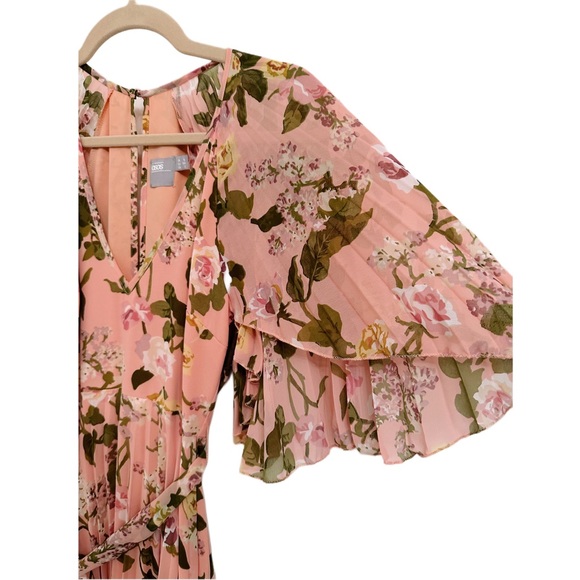 ASOS Floral Pleated Flutter Sleeve Maxi Dress Size 2 Pink Terracotta Rose Design - Picture 7 of 13